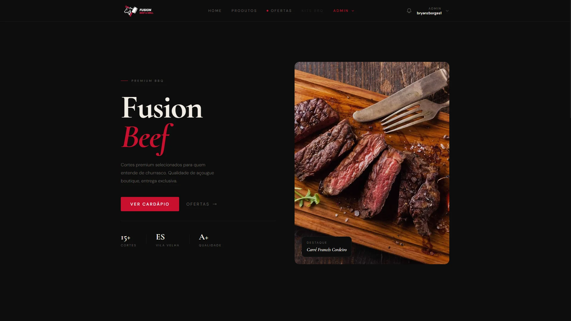 Página inicial da loja FusionBeef, com cortes de carne em destaque e navegação de produtos.